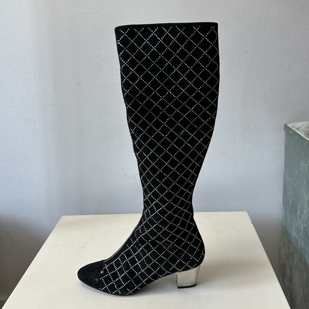 CHANEL 2019 Black Suede High Boots Size 37